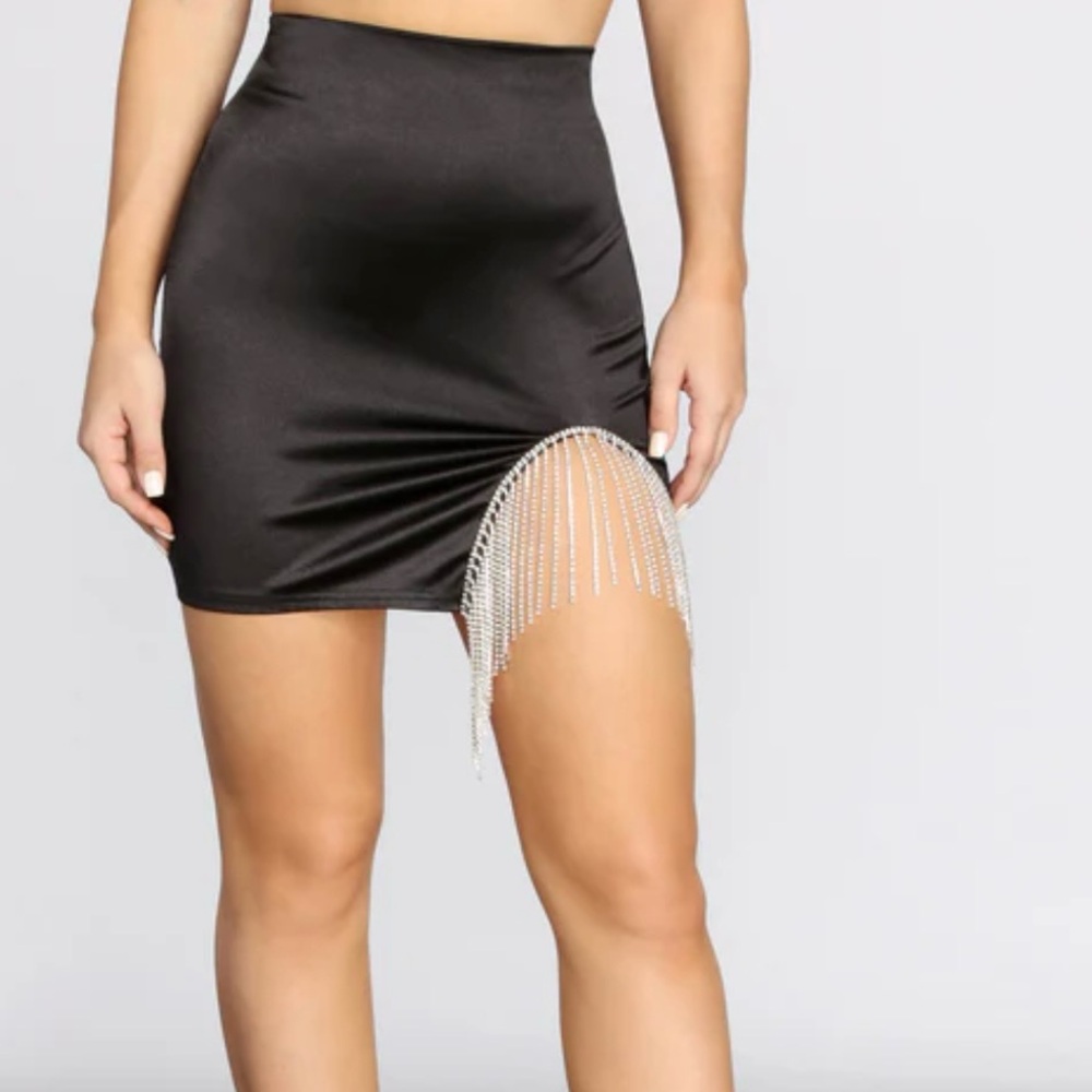 NWOT ZARA Black Satin Skirt w/ Rhinestones